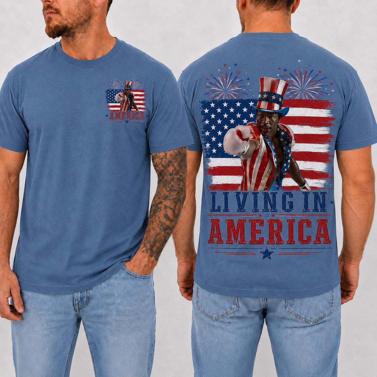 Apollo Creed Living In America T Shirt, Patriotic Boxing Fourth Of July Vintage American Flag Tee, Retro Independence Day USA Fighter Shirt