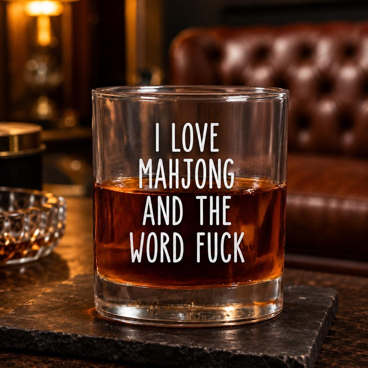 I Love Mahjong And The Word F*Ck  Whiskey Glass, Funny Mahjong Player Cup, Adult Humor Gaming Gift, Mahjong Lover Novelty Glass
