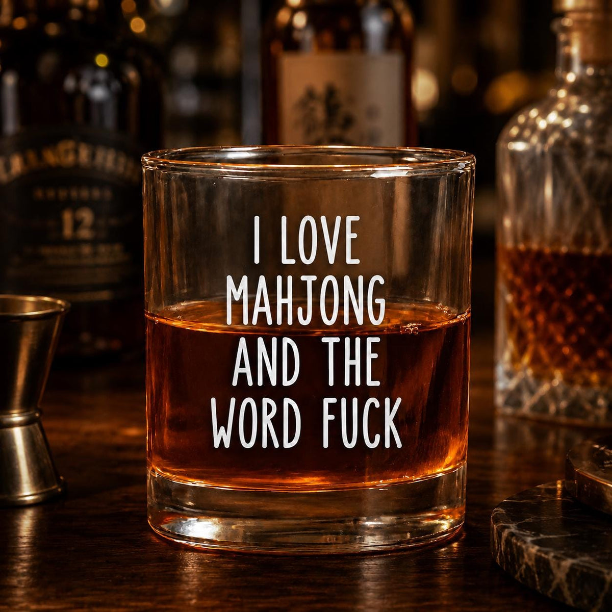 I Love Mahjong And The Word F*Ck  Whiskey Glass, Funny Mahjong Player Cup, Adult Humor Gaming Gift, Mahjong Lover Novelty Glass