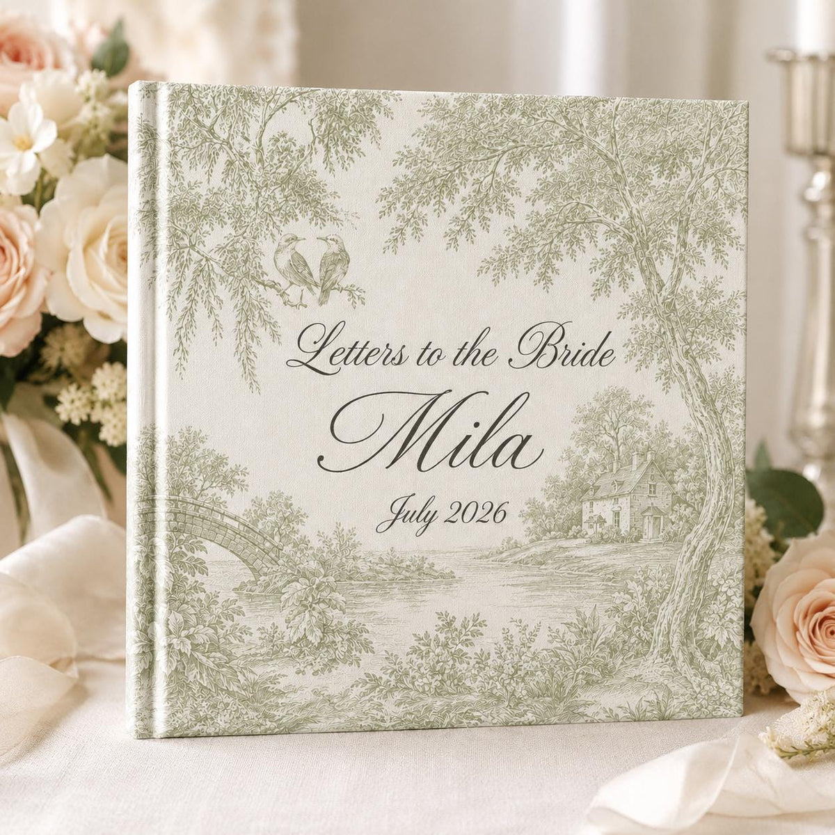 Personalized Letters To The Bride Wedding Scrapbook, Custom Elegant Wedding Keepsake, Vintage Green Toile Vow Books Bride and Groom Gift