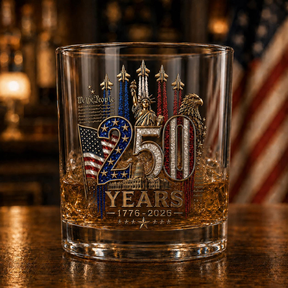 250th Anniversary Whiskey Glass, 4th Of July Gift For Patriotic, America 250th Anniversary, 1976 - 2026 Drinkware, 250 Years Of Freedom Cup