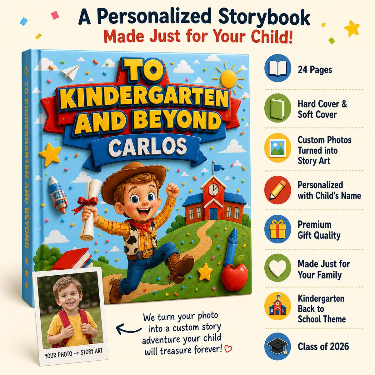 Personalized To Kindergarten And Beyond Book, Gift For Boy Girl Kids, Custom Name Kids Book, Back to School, Graduation Kindergarten Gift