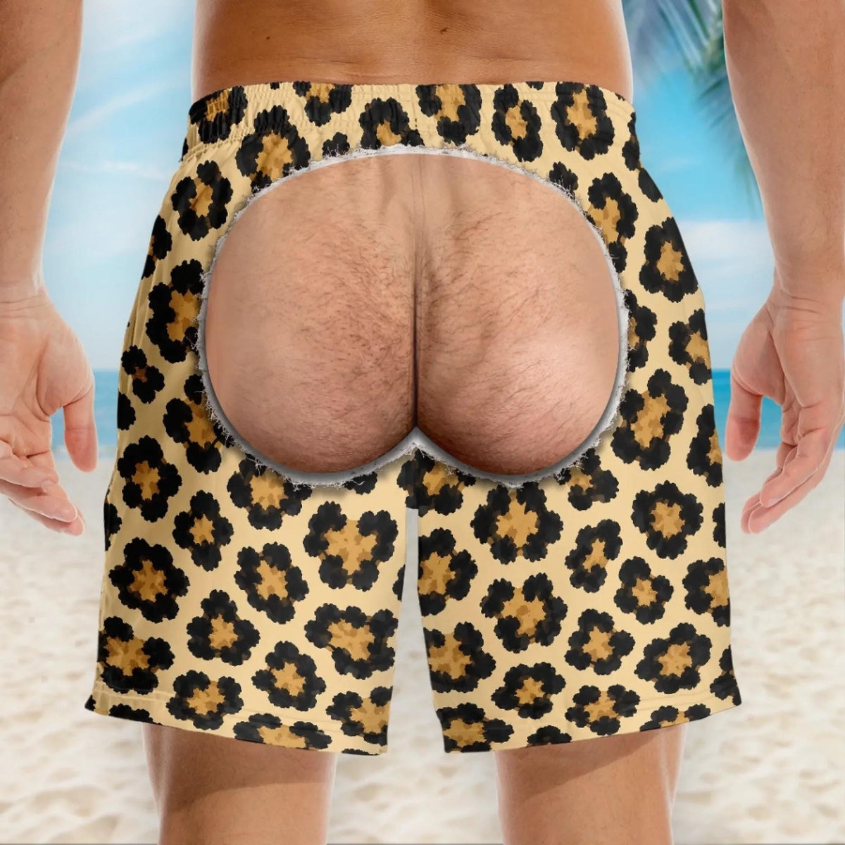 Funny Men’s Swim Trunks, Fake Butt Beach Shorts, Novelty Vacation Gift For Husband Or Boyfriend