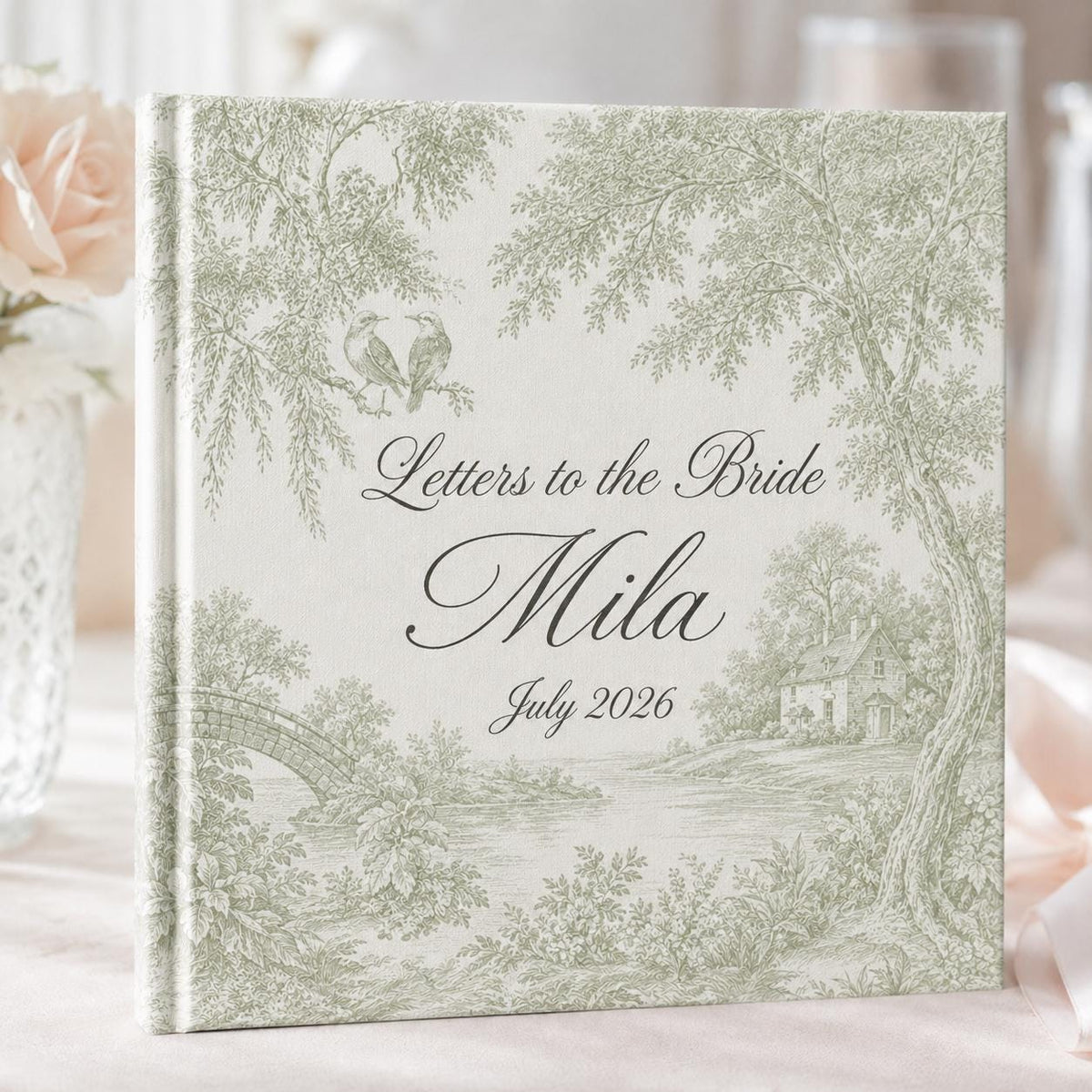 Personalized Letters To The Bride Wedding Scrapbook, Custom Elegant Wedding Keepsake, Vintage Green Toile Vow Books Bride and Groom Gift