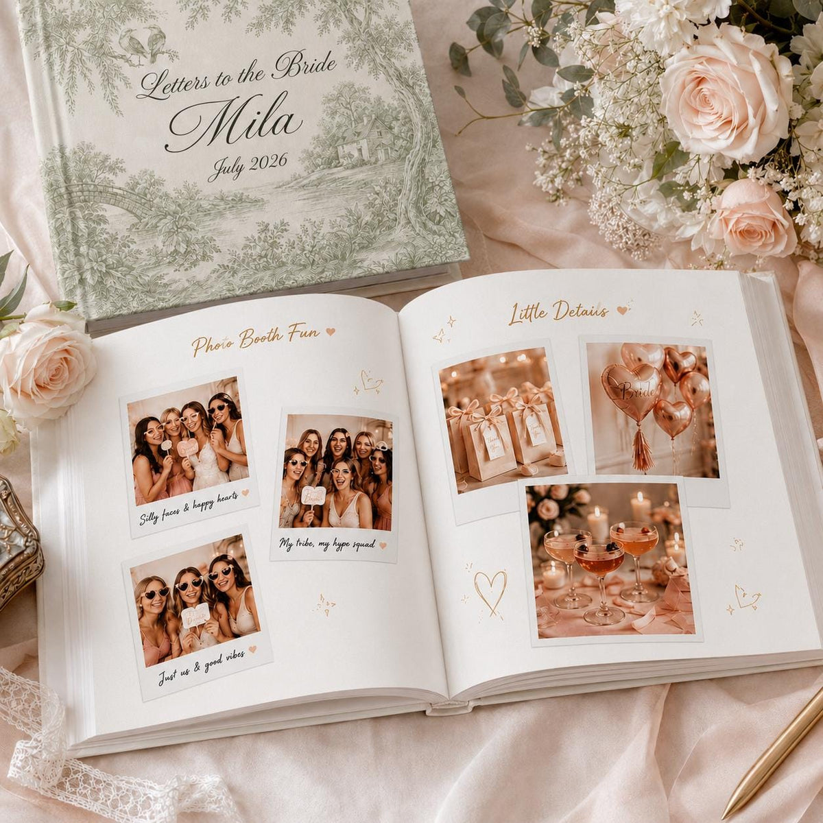 Personalized Letters To The Bride Wedding Scrapbook, Custom Elegant Wedding Keepsake, Vintage Green Toile Vow Books Bride and Groom Gift