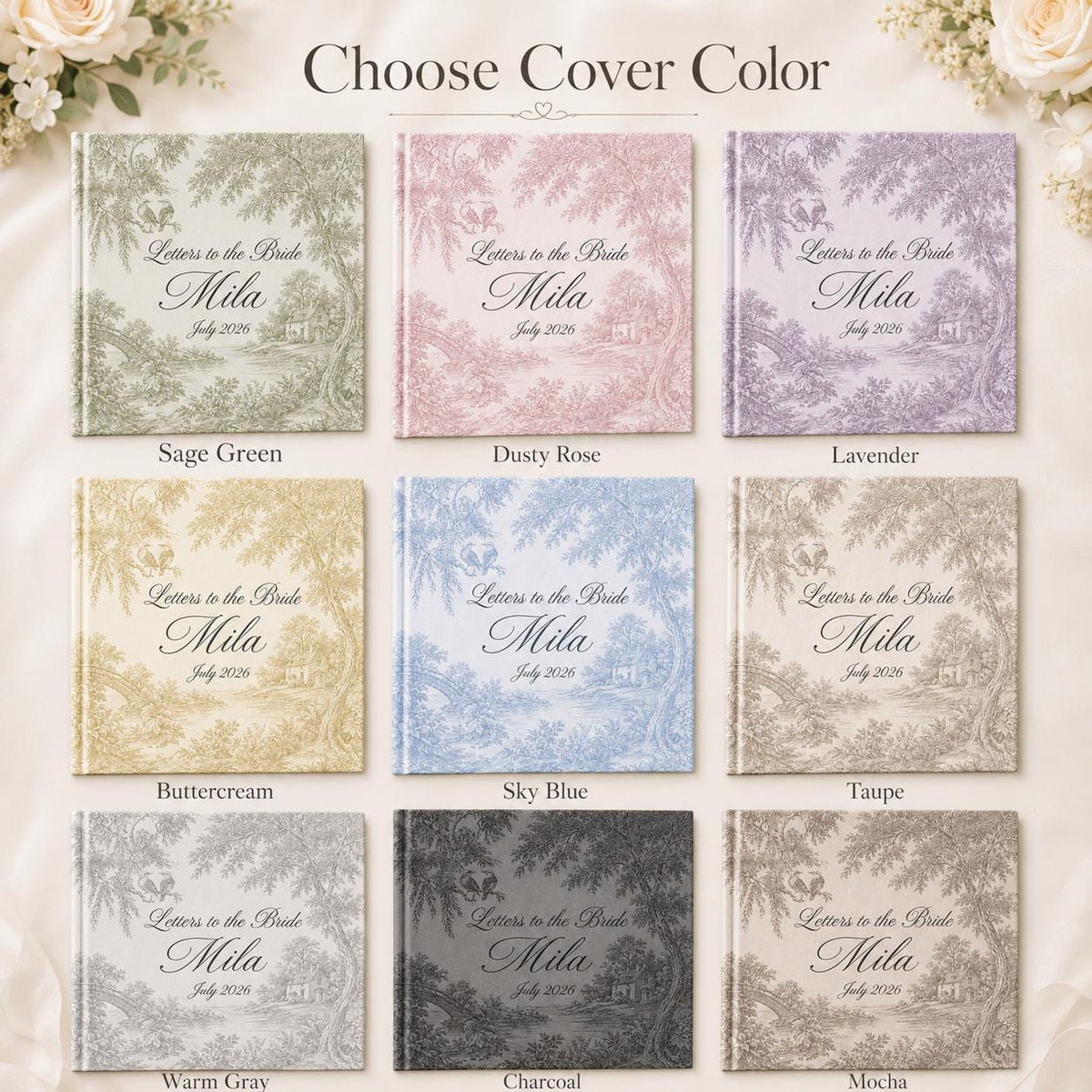 Personalized Letters To The Bride Wedding Scrapbook, Custom Elegant Wedding Keepsake, Vintage Green Toile Vow Books Bride and Groom Gift