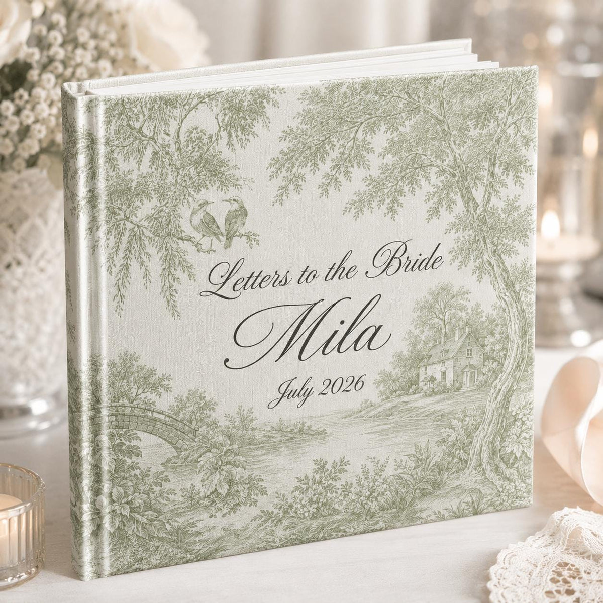 Personalized Letters To The Bride Wedding Scrapbook, Custom Elegant Wedding Keepsake, Vintage Green Toile Vow Books Bride and Groom Gift