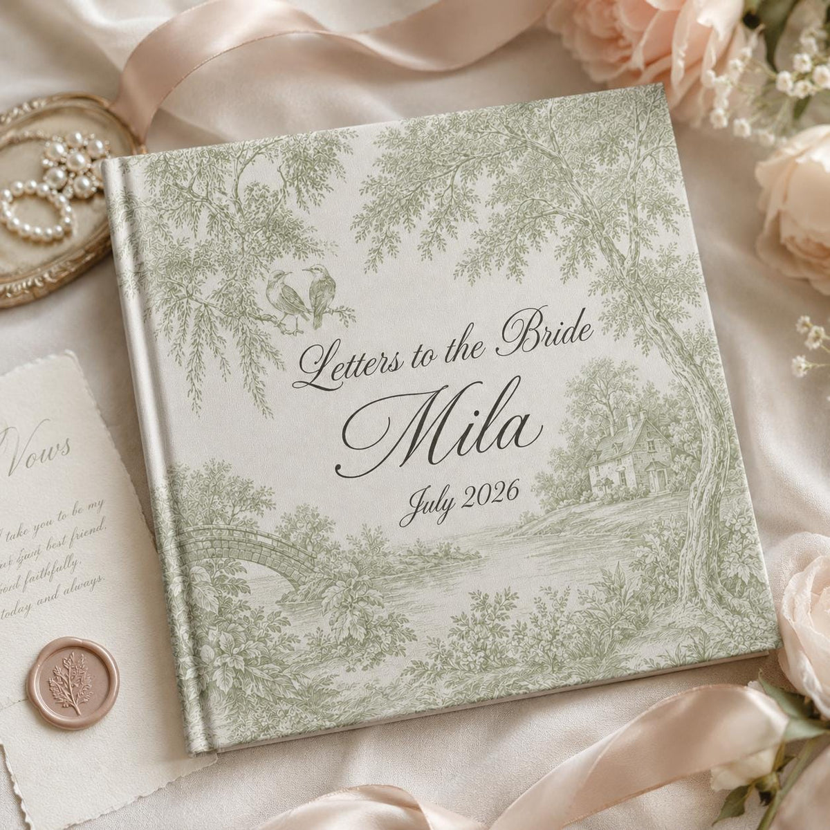 Personalized Letters To The Bride Wedding Scrapbook, Custom Elegant Wedding Keepsake, Vintage Green Toile Vow Books Bride and Groom Gift