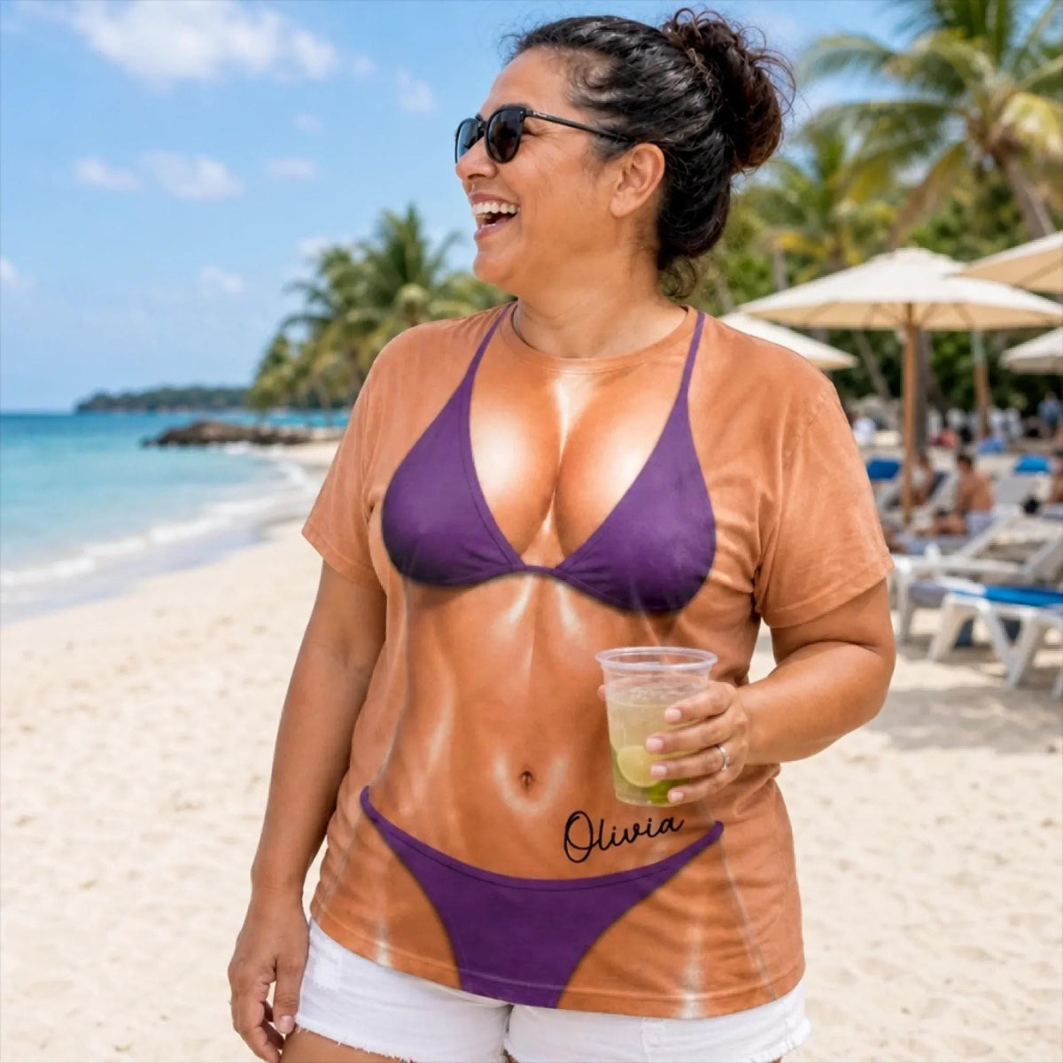 Personalized Bikini Body Shirt, Custom Name Swimsuit Illusion Tee, Funny Beach Vacation Gift For Women