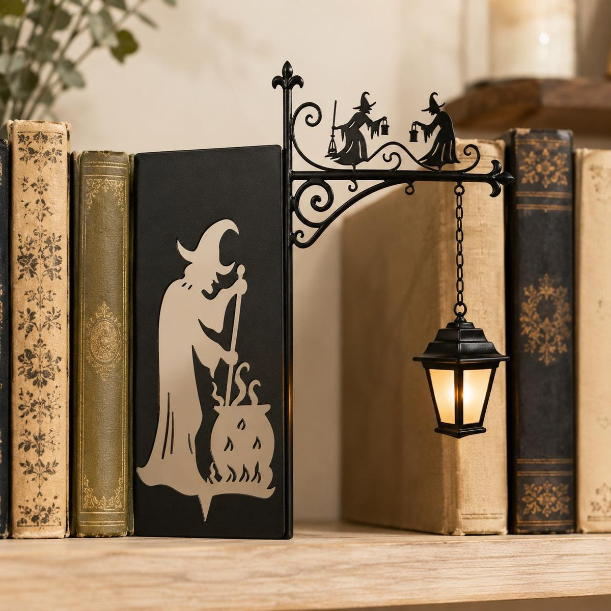 Gothic Halloween Bookshelf Lantern Lamp, Spooky Ghost Book Nook Light, Library Bookend Decor