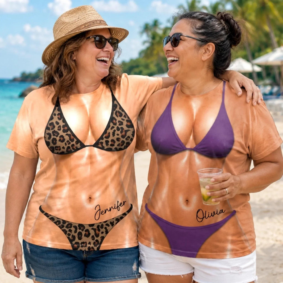 Personalized Bikini Body Shirt, Custom Name Swimsuit Illusion Tee, Funny Beach Vacation Gift For Women