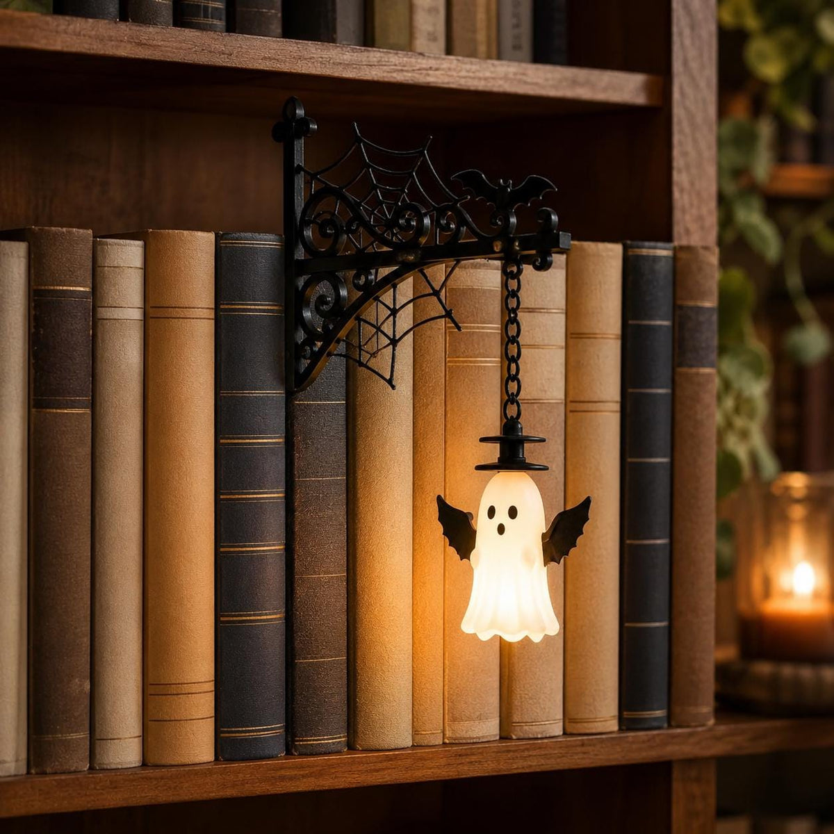 Gothic Halloween Bookshelf Lantern Lamp, Spooky Ghost Book Nook Light, Library Bookend Decor