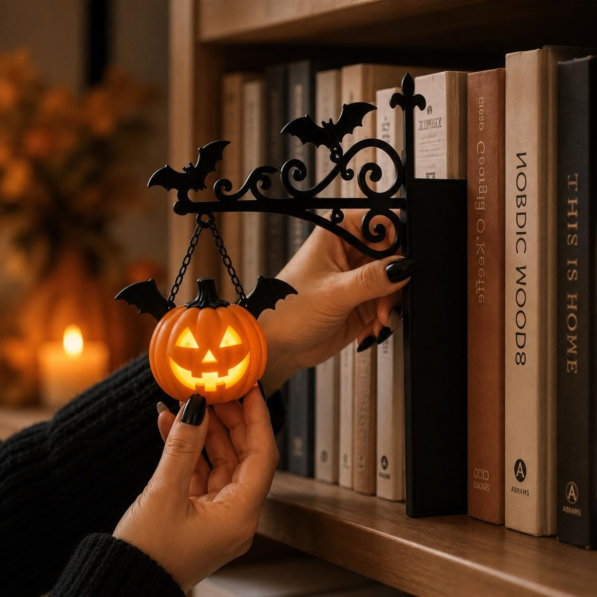 Gothic Halloween Bookshelf Lantern Lamp, Spooky Ghost Book Nook Light, Library Bookend Decor