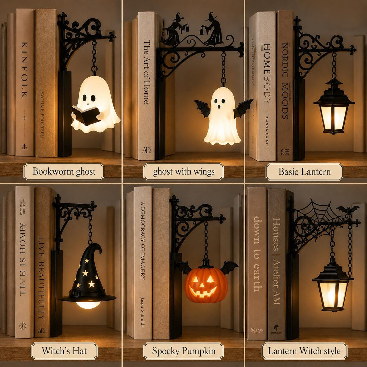 Gothic Halloween Bookshelf Lantern Lamp, Spooky Ghost Book Nook Light, Library Bookend Decor