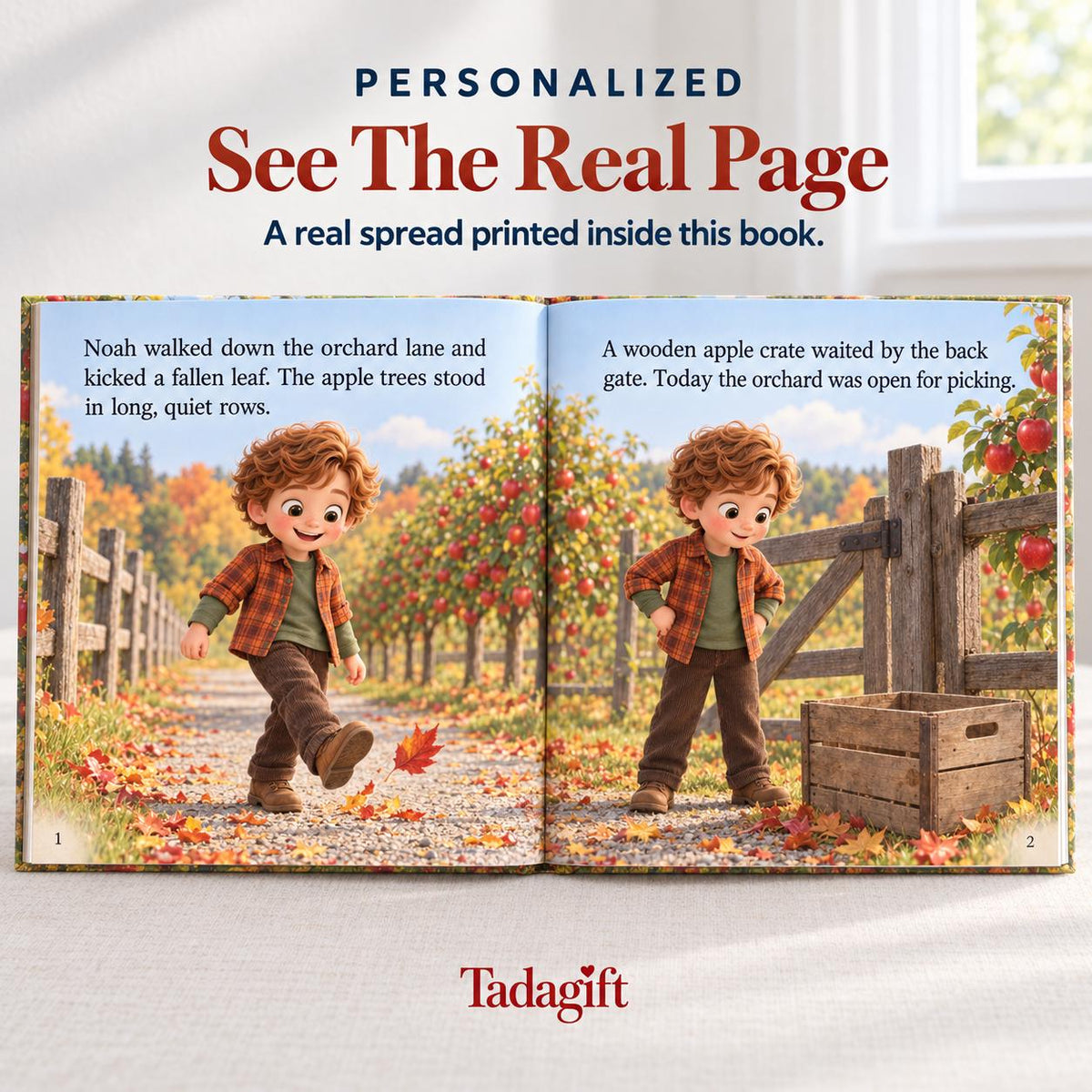 Personalized Children's Book in Hardcover: Illustrated Apple Orchard Day with Wrapping Paper Included