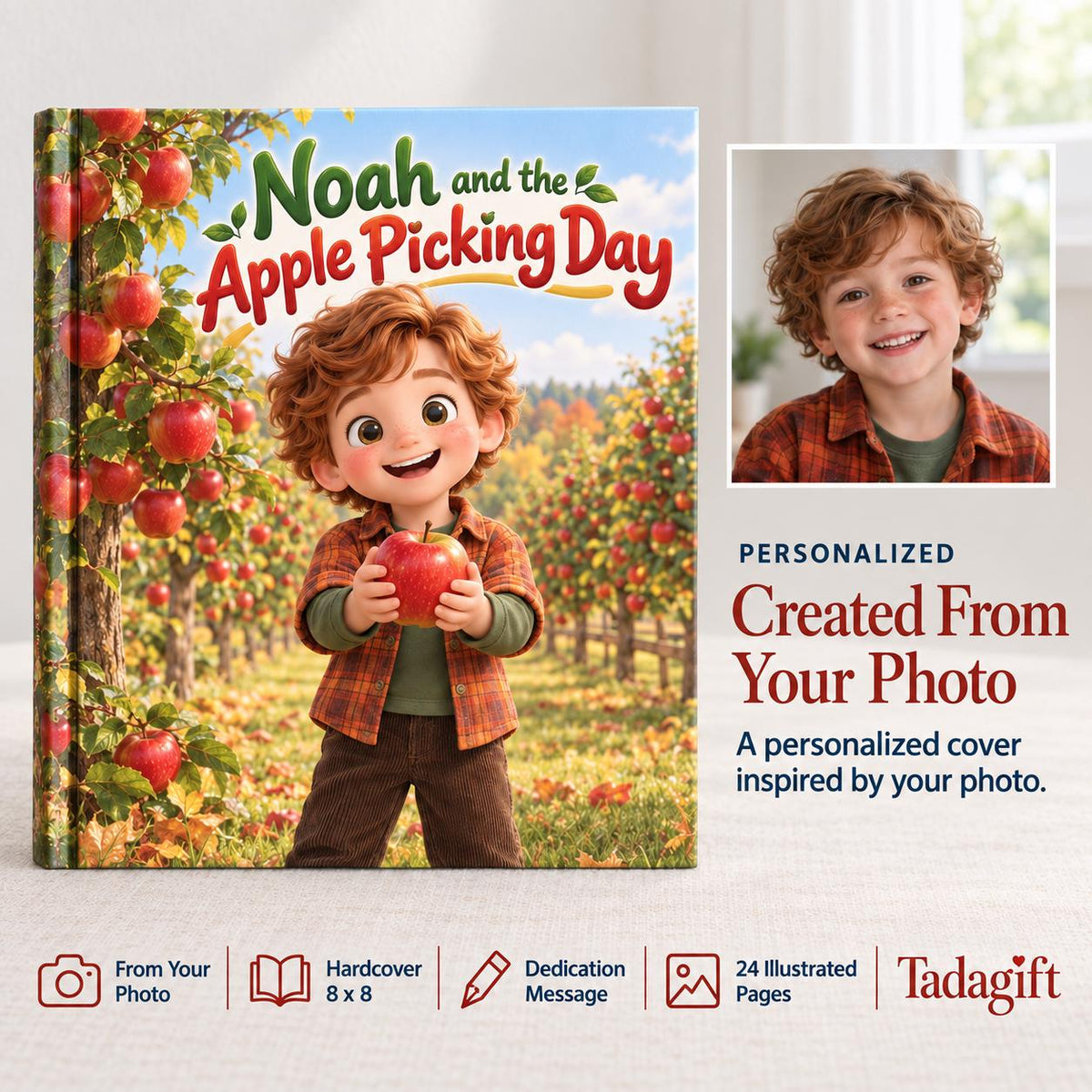 Personalized Children's Book in Hardcover: Illustrated Apple Orchard Day with Wrapping Paper Included
