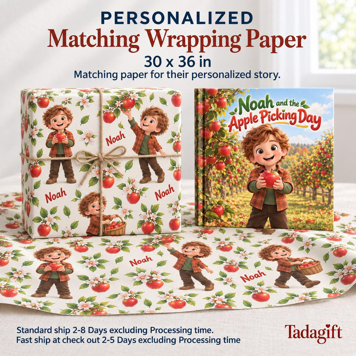 Personalized Children's Book in Hardcover: Illustrated Apple Orchard Day with Wrapping Paper Included