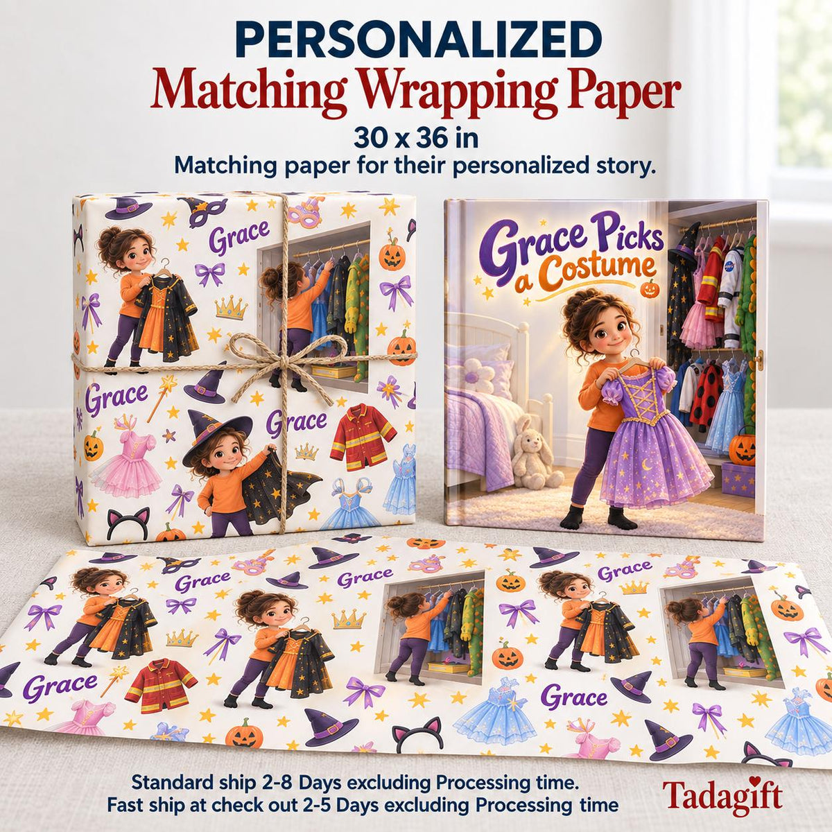 Personalized Children's Book in Hardcover: Halloween Picking Costume Story with Wrapping Paper Included
