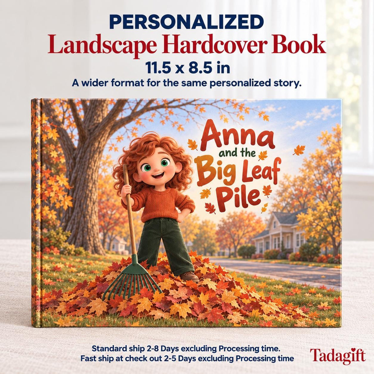 Personalized Children's Book in Hardcover: Illustrated Autumn Leaf Pile with Wrapping Paper Included