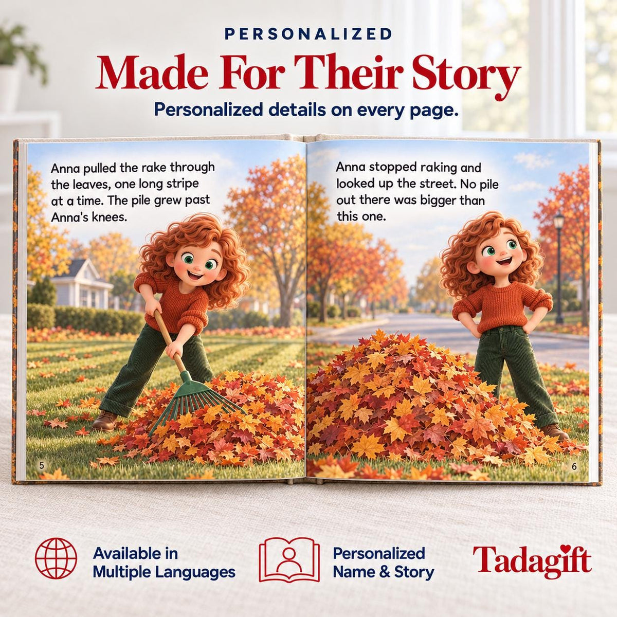 Personalized Children's Book in Hardcover: Illustrated Autumn Leaf Pile with Wrapping Paper Included
