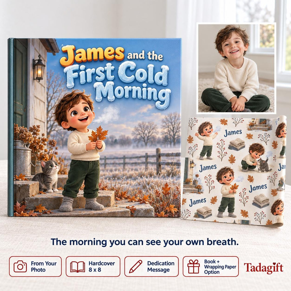 Personalized Children's Book in Hardcover: Illustrated First Cold Morning with Wrapping Paper Included
