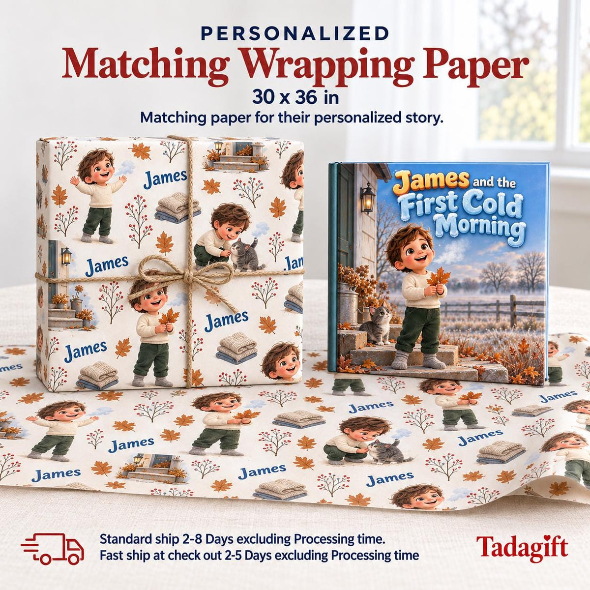 Personalized Children's Book in Hardcover: Illustrated First Cold Morning with Wrapping Paper Included