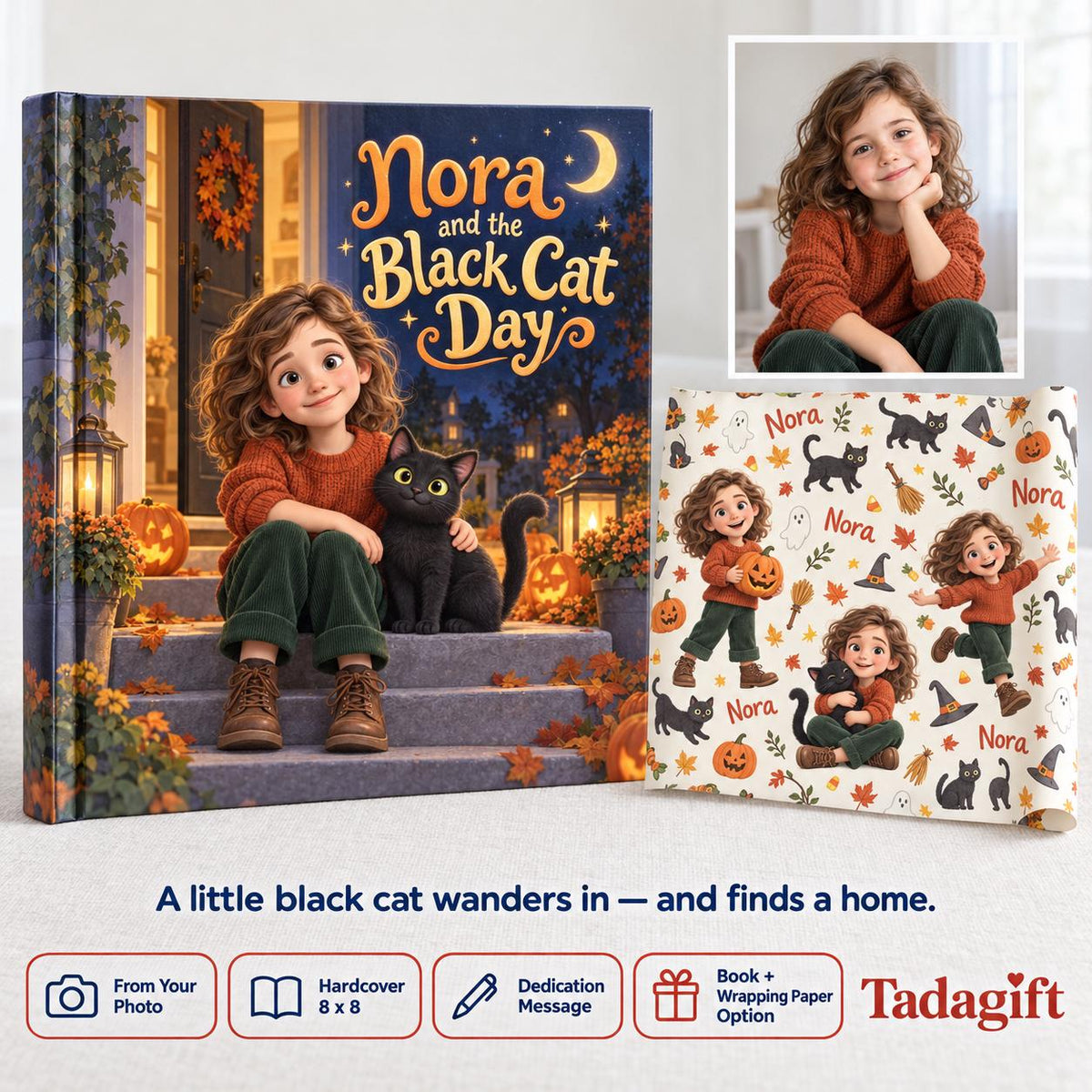 Personalized Children's Book in Hardcover: Illustrated Black Cat Halloween with Wrapping Paper Included