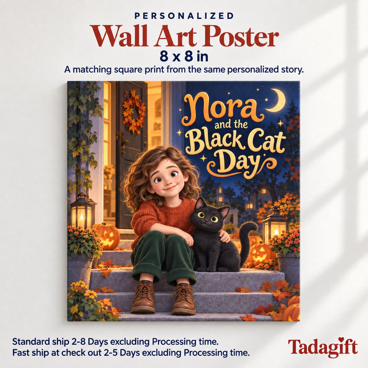 Personalized Children's Book in Hardcover: Illustrated Black Cat Halloween with Wrapping Paper Included