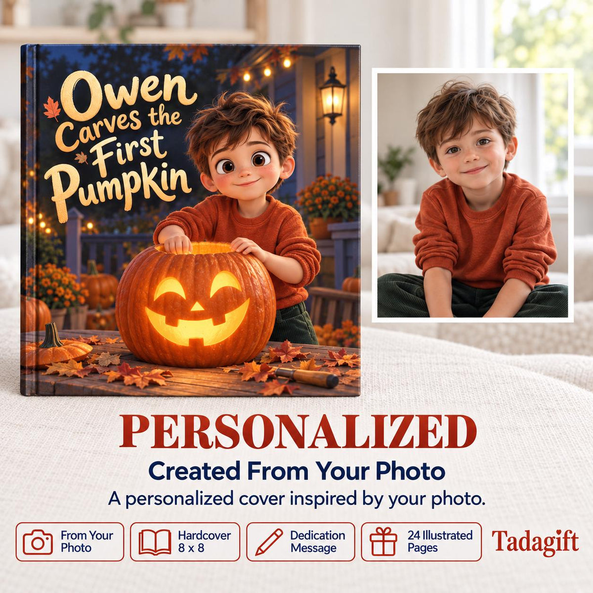 Personalized Children's Book in Hardcover: Halloween Carving Pumpkin Story with Wrapping Paper Included