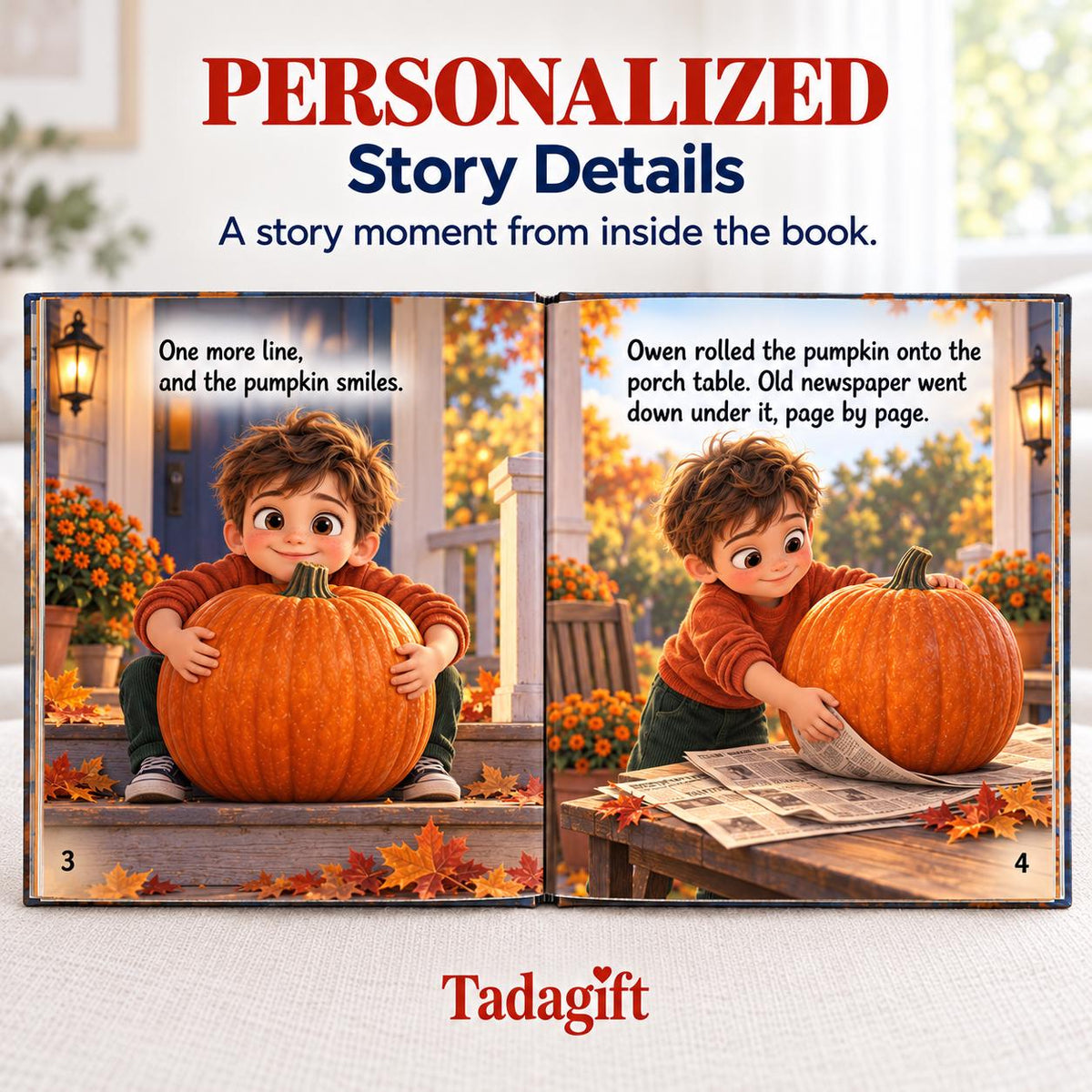 Personalized Children's Book in Hardcover: Halloween Carving Pumpkin Story with Wrapping Paper Included