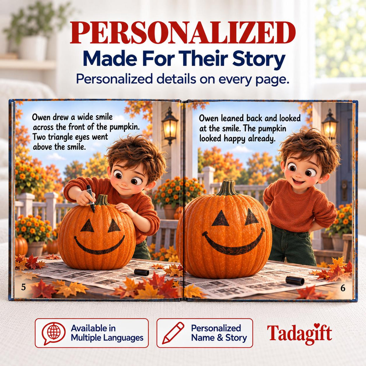 Personalized Children's Book in Hardcover: Halloween Carving Pumpkin Story with Wrapping Paper Included