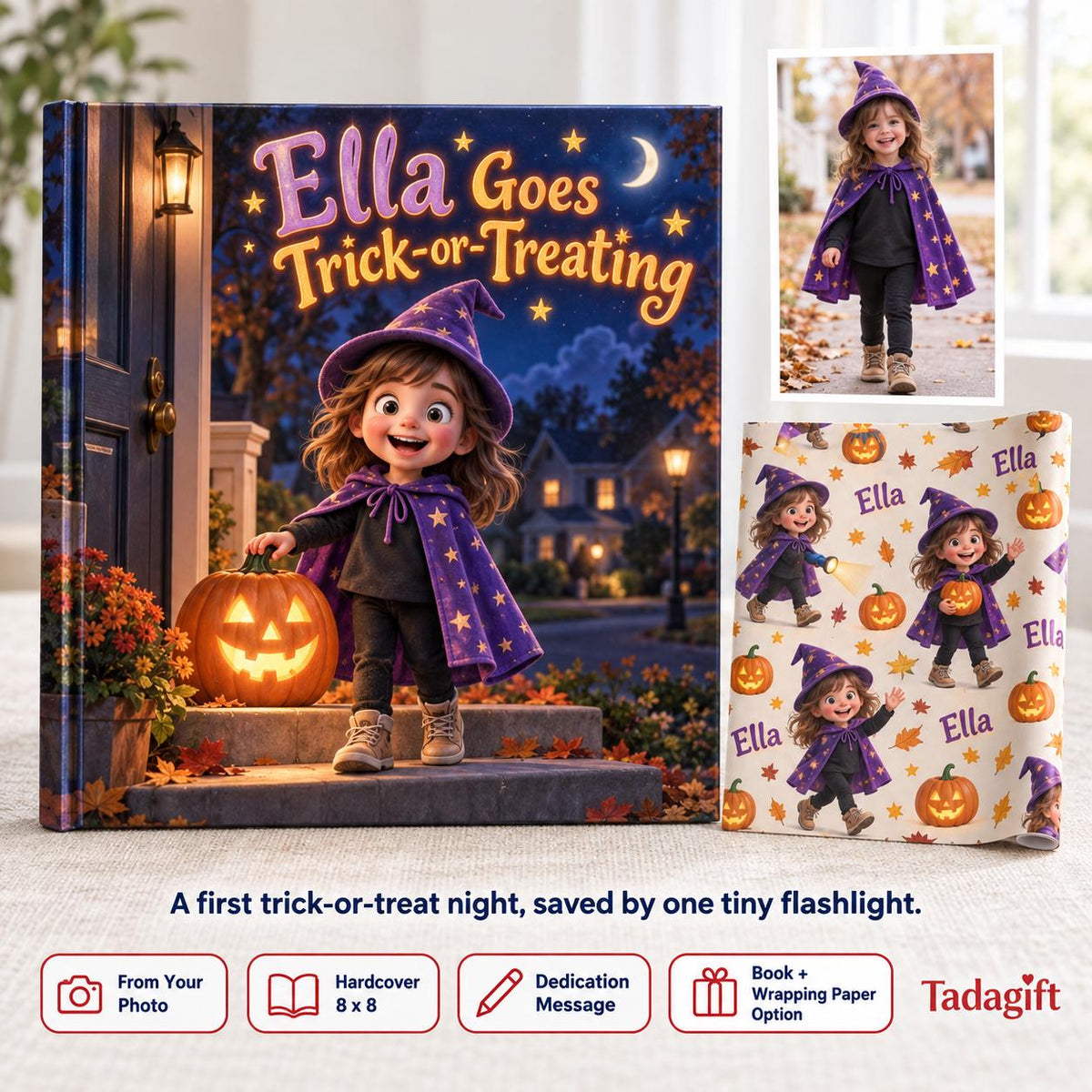 Personalized Children's Book in Hardcover: Halloween Trick or Treat Story with Wrapping Paper Included