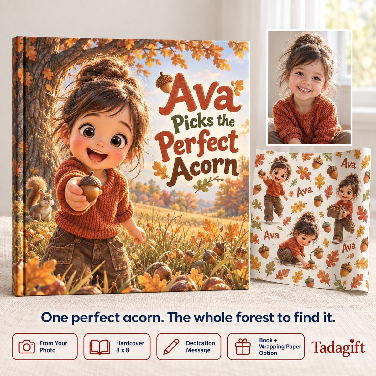 Personalized Children's Book in Hardcover: Illustrated Perfect Acorn Story with Wrapping Paper Included