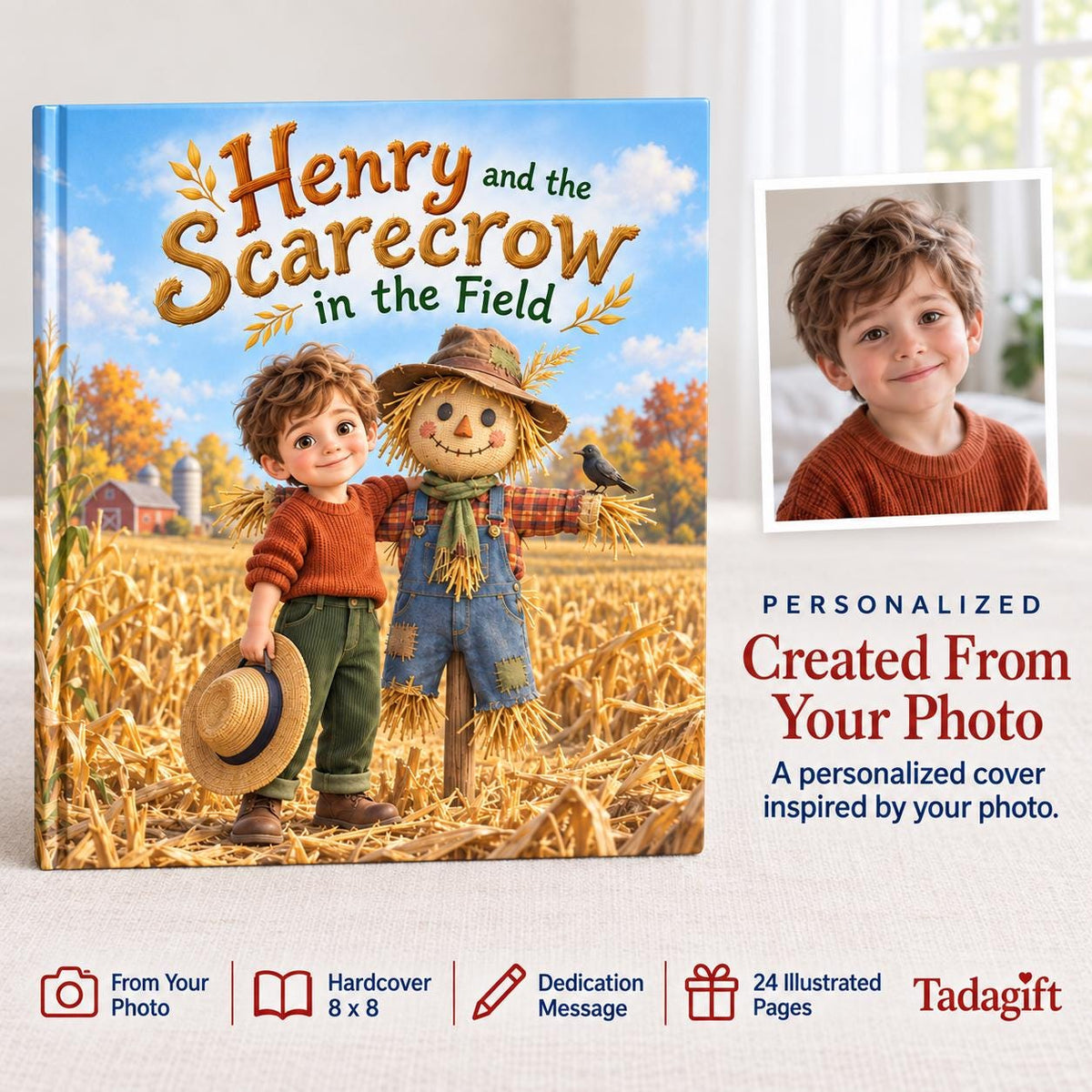 Personalized Children's Book in Hardcover: Illustrated Scarecrow Kids Story with Wrapping Paper Included