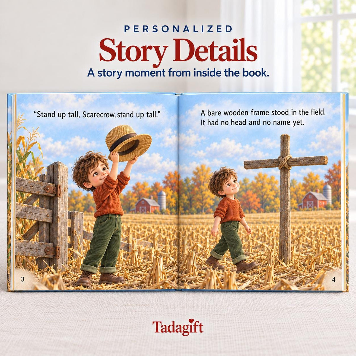Personalized Children's Book in Hardcover: Illustrated Scarecrow Kids Story with Wrapping Paper Included
