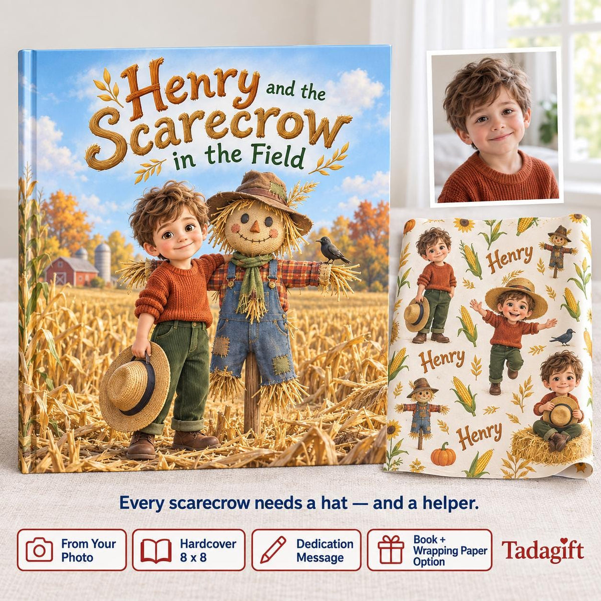 Personalized Children's Book in Hardcover: Illustrated Scarecrow Kids Story with Wrapping Paper Included
