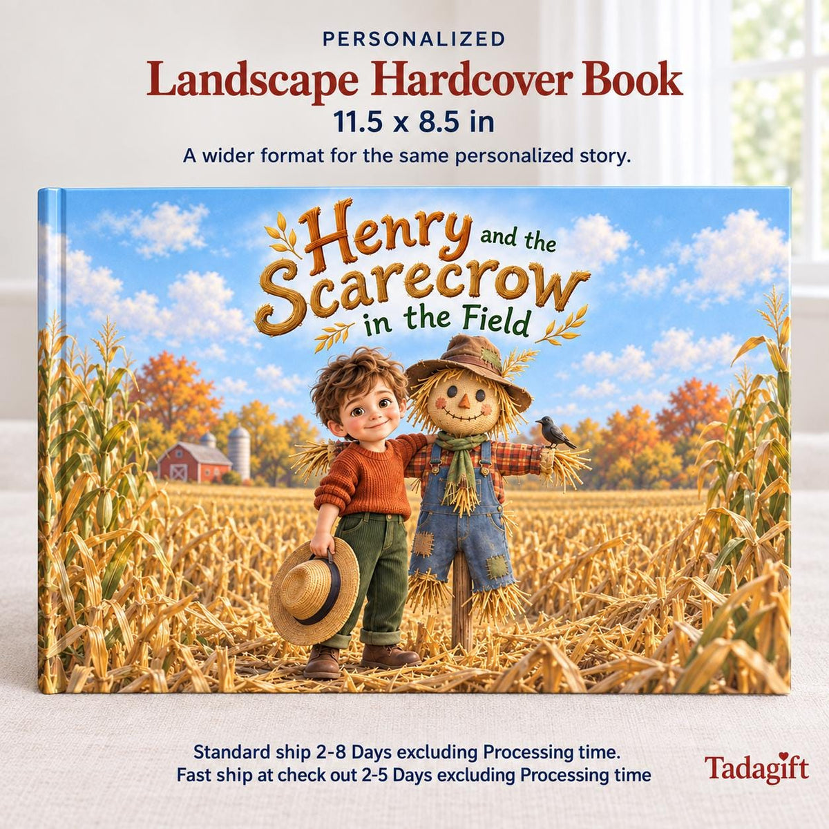 Personalized Children's Book in Hardcover: Illustrated Scarecrow Kids Story with Wrapping Paper Included