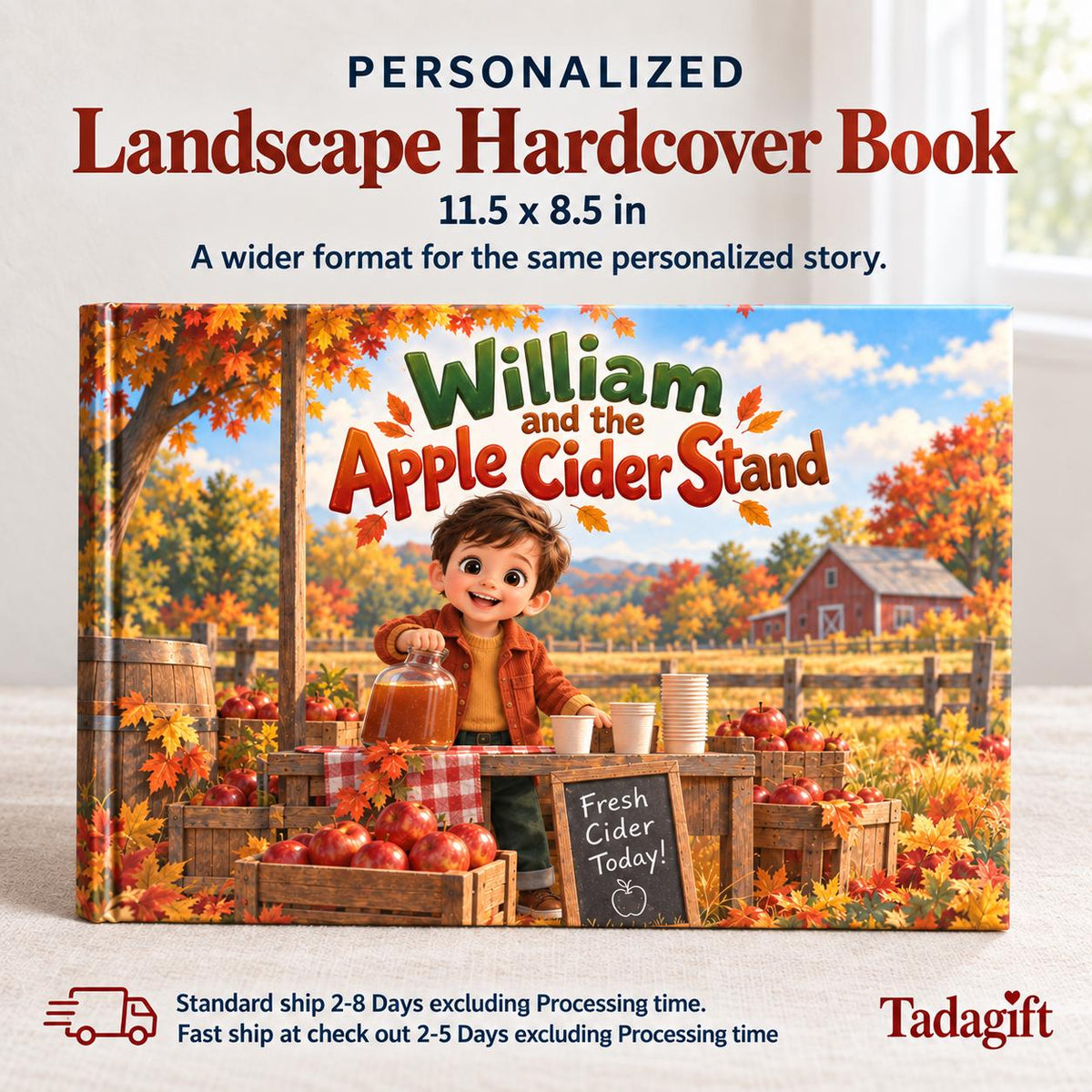 Personalized Children's Book in Hardcover: Illustrated Cider Stand Story with Wrapping Paper Included