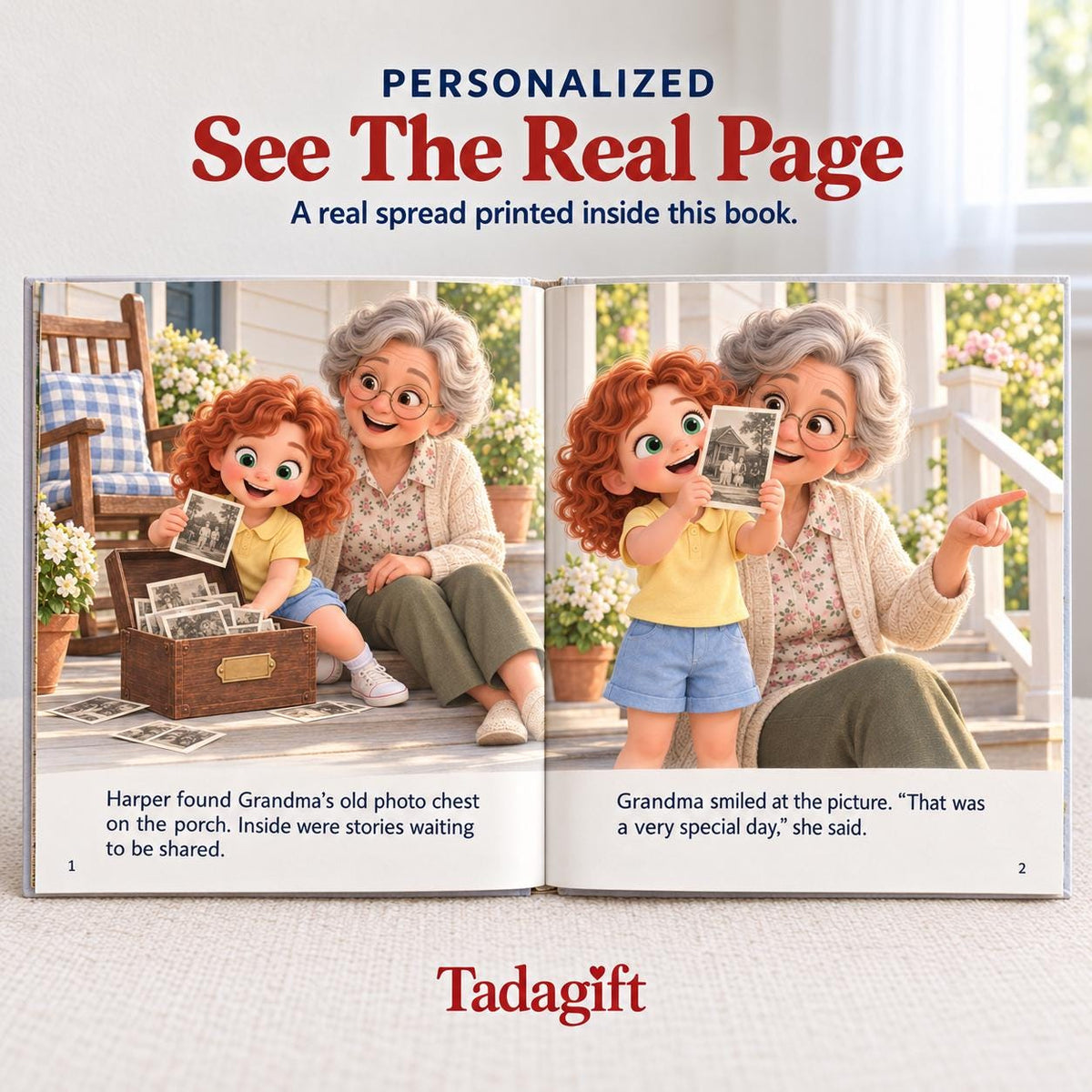 Personalized Children's Book in Hardcover: Illustrated Grandmas Front Porch with Wrapping Paper Included