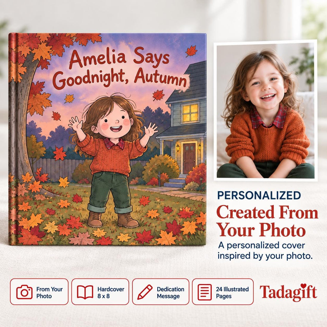 Personalized Children's Book in Hardcover: Illustrated Goodnight Autumn Story with Wrapping Paper Included