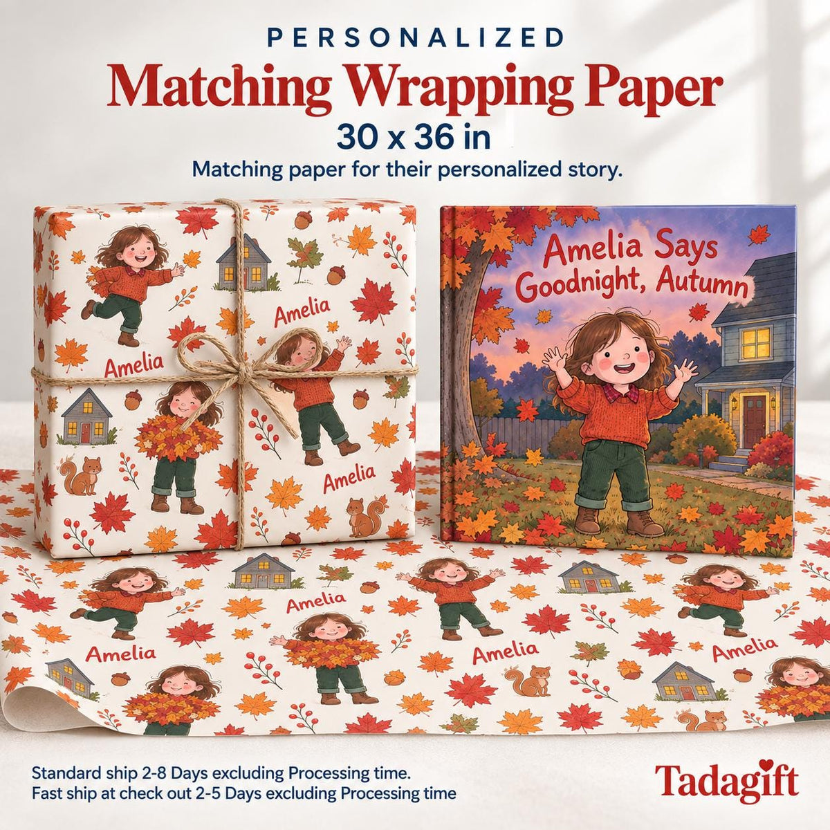 Personalized Children's Book in Hardcover: Illustrated Goodnight Autumn Story with Wrapping Paper Included