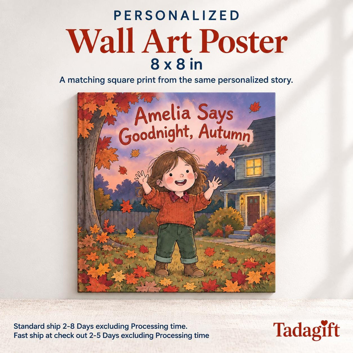 Personalized Children's Book in Hardcover: Illustrated Goodnight Autumn Story with Wrapping Paper Included