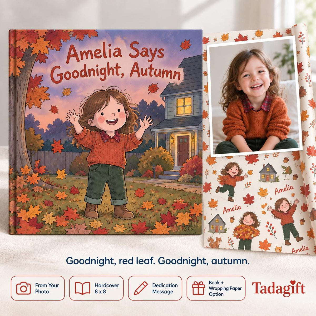 Personalized Children's Book in Hardcover: Illustrated Goodnight Autumn Story with Wrapping Paper Included