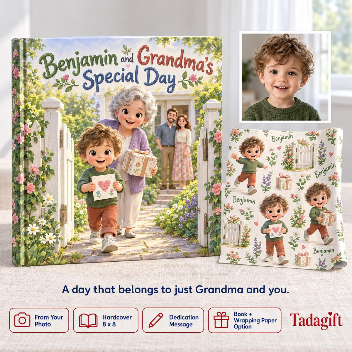 Personalized Children's Book in Hardcover: Illustrated Day with Grandma with Wrapping Paper Included