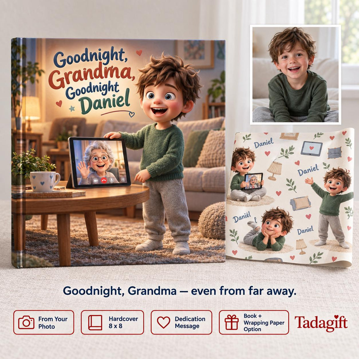 Personalized Children's Book in Hardcover: Illustrated Goodnight Grandma Story with Wrapping Paper Included