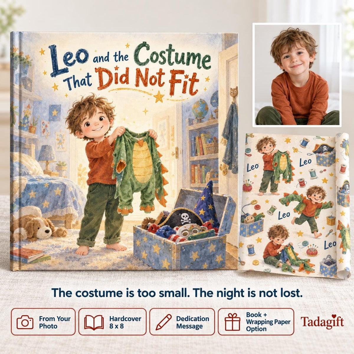 Personalized Children's Book in Hardcover: Costume That Did Not Fit with Wrapping Paper Included