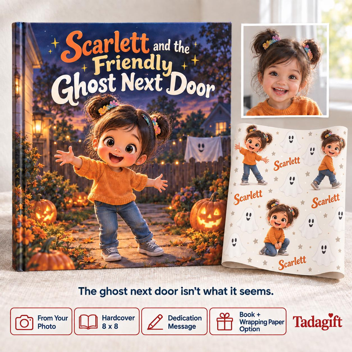 Personalized Children's Book in Hardcover: Halloween Friendly Ghost Story with Wrapping Paper Included