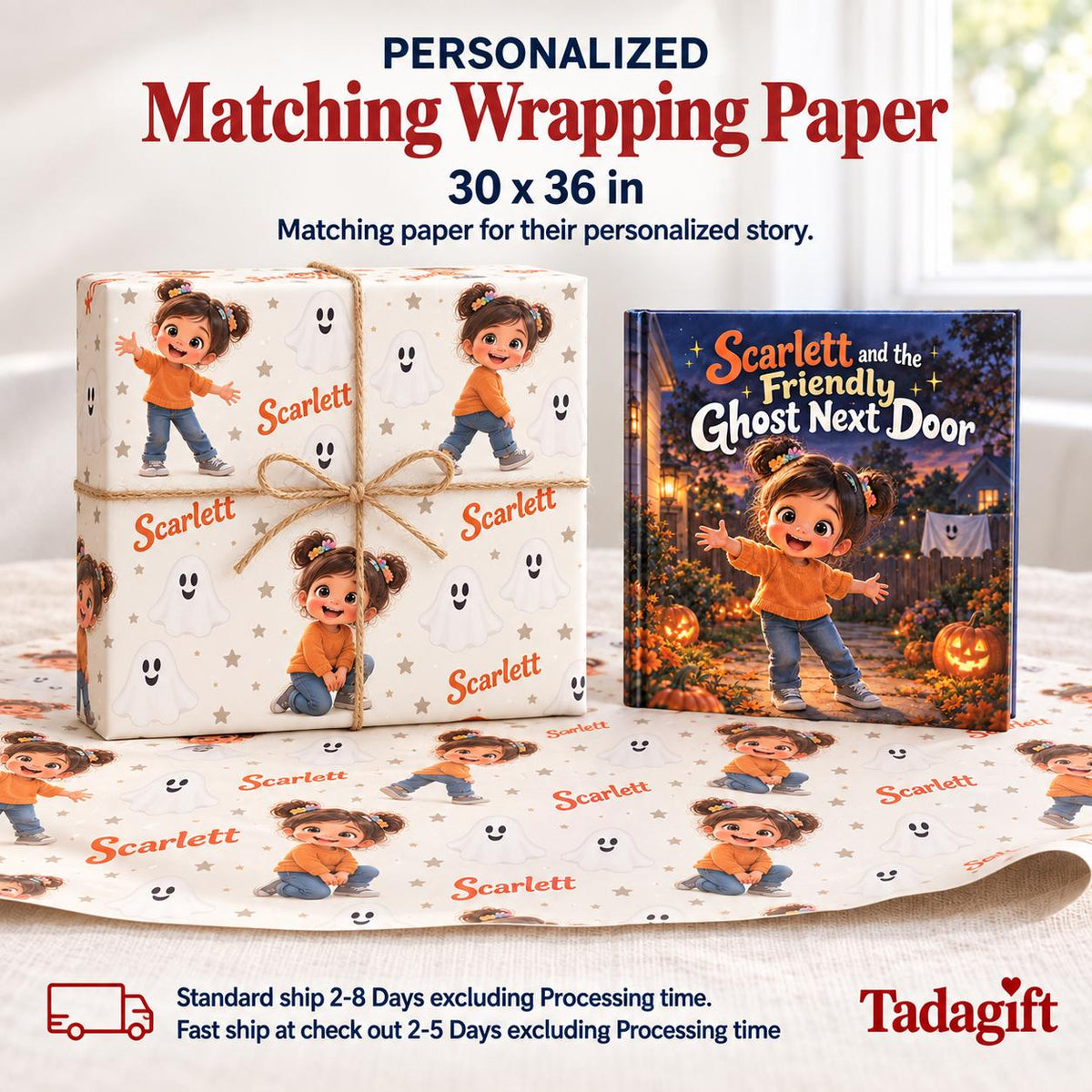 Personalized Children's Book in Hardcover: Halloween Friendly Ghost Story with Wrapping Paper Included