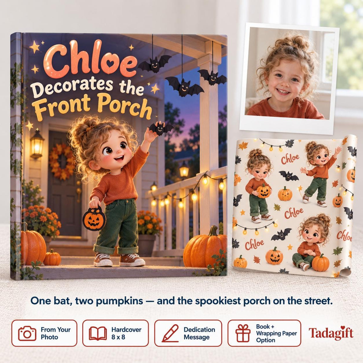 Personalized Children's Book in Hardcover: Halloween Decorating Porch Story with Wrapping Paper Included