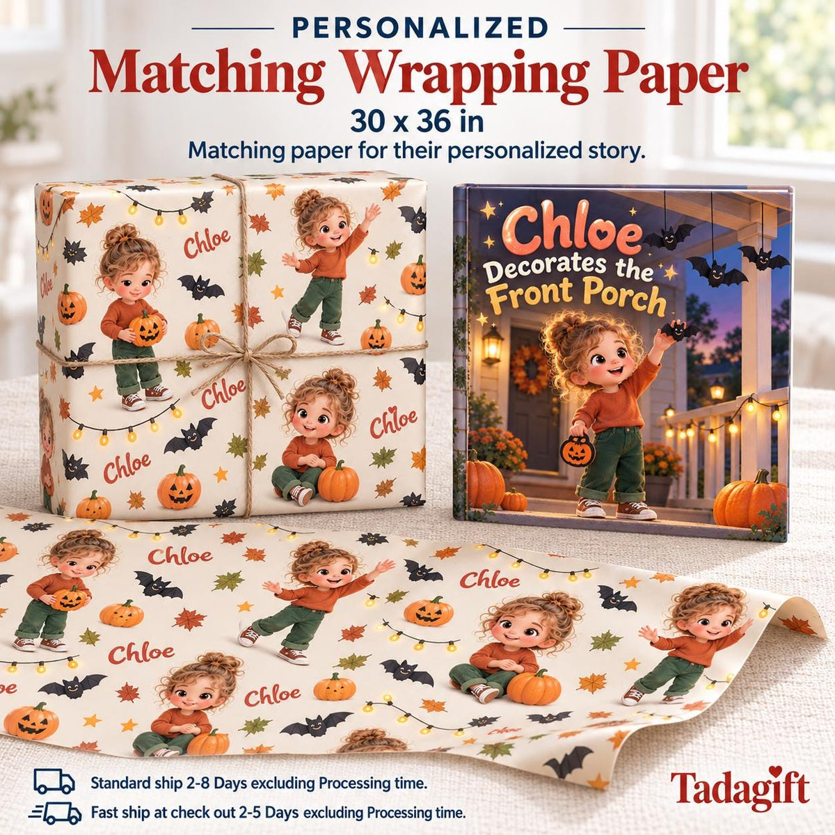 Personalized Children's Book in Hardcover: Halloween Decorating Porch Story with Wrapping Paper Included
